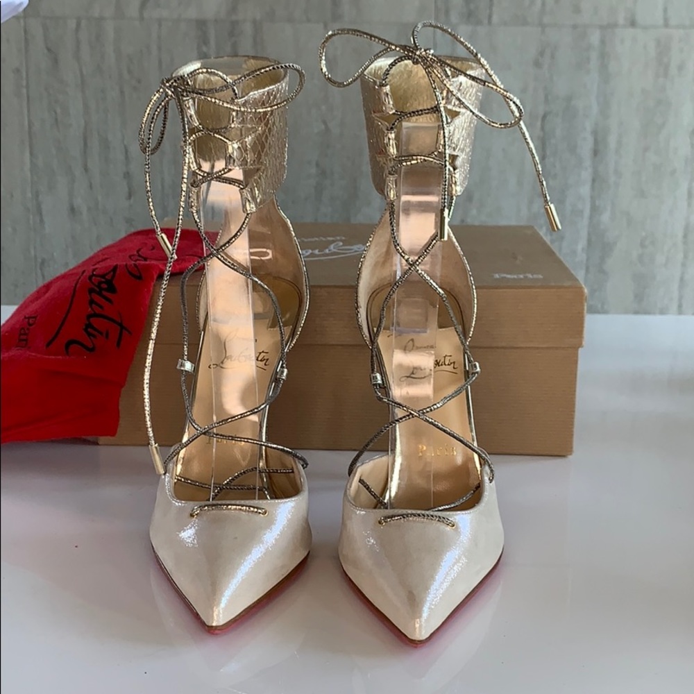 Louboutin criss cross ankle strap gold heel 37